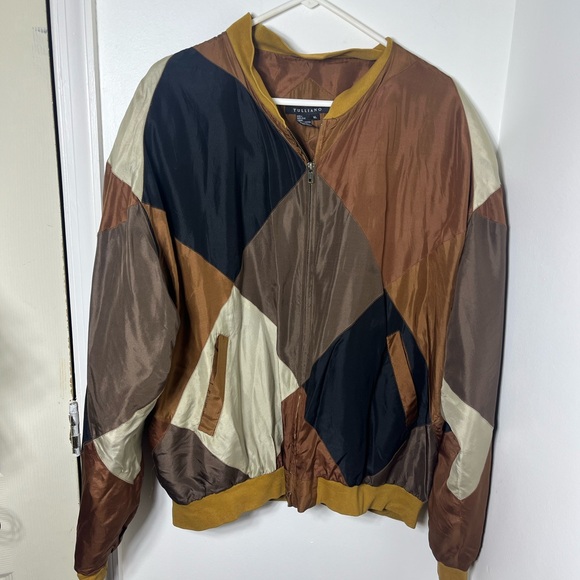 Tulliano 100% Silk Bomber Jacket XL Colorblock Brown Blue Zip Vintage - Picture 2 of 9